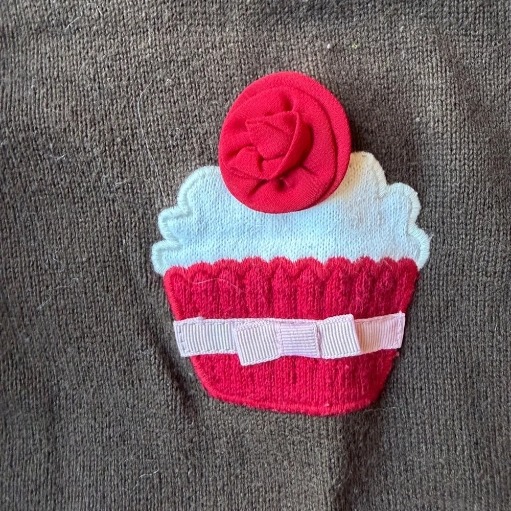 Gymboree Girls Brown Cupcake Applique Cotton‎ Sweater 3/4 Puffed Sleeve Holiday